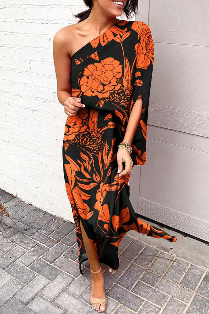 Momentlover Plus Size Casual Vacation Print Patchwork Oblique Collar Irregular Dress Dresses