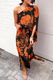 Momentlover Plus Size Casual Vacation Print Patchwork Oblique Collar Irregular Dress Dresses