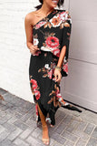Momentlover Plus Size Casual Vacation Print Patchwork Oblique Collar Irregular Dress Dresses