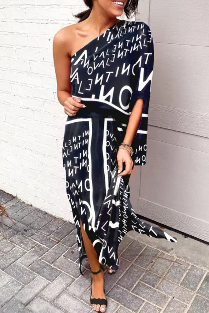 Momentlover Plus Size Casual Vacation Print Patchwork Oblique Collar Irregular Dress Dresses