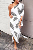 Momentlover Plus Size Casual Vacation Print Patchwork Oblique Collar Irregular Dress Dresses