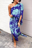 Momentlover Plus Size Casual Vacation Print Patchwork Oblique Collar Irregular Dress Dresses
