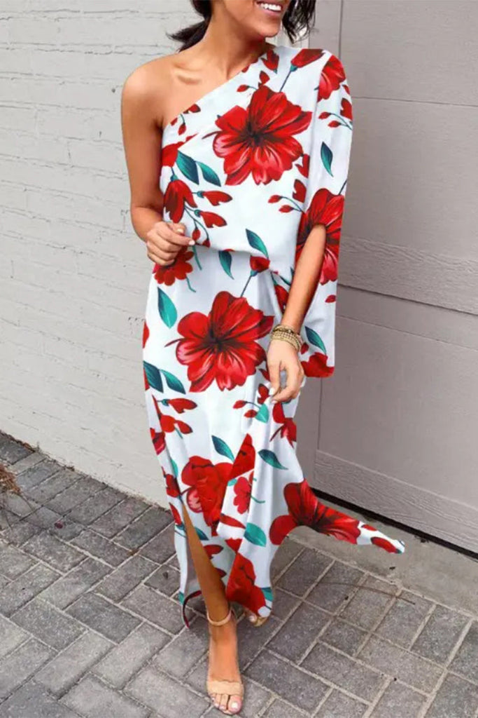 Momentlover Plus Size Casual Vacation Print Patchwork Oblique Collar Irregular Dress Dresses
