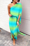 Momentlover Plus Size Casual Vacation Print Patchwork Oblique Collar Irregular Dress Dresses