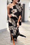 Momentlover Plus Size Casual Vacation Print Patchwork Oblique Collar Irregular Dress Dresses