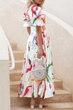 Momentlover Elegant Vacation Not Positioning Printed Buttons V Neck Beach Dress Dresses