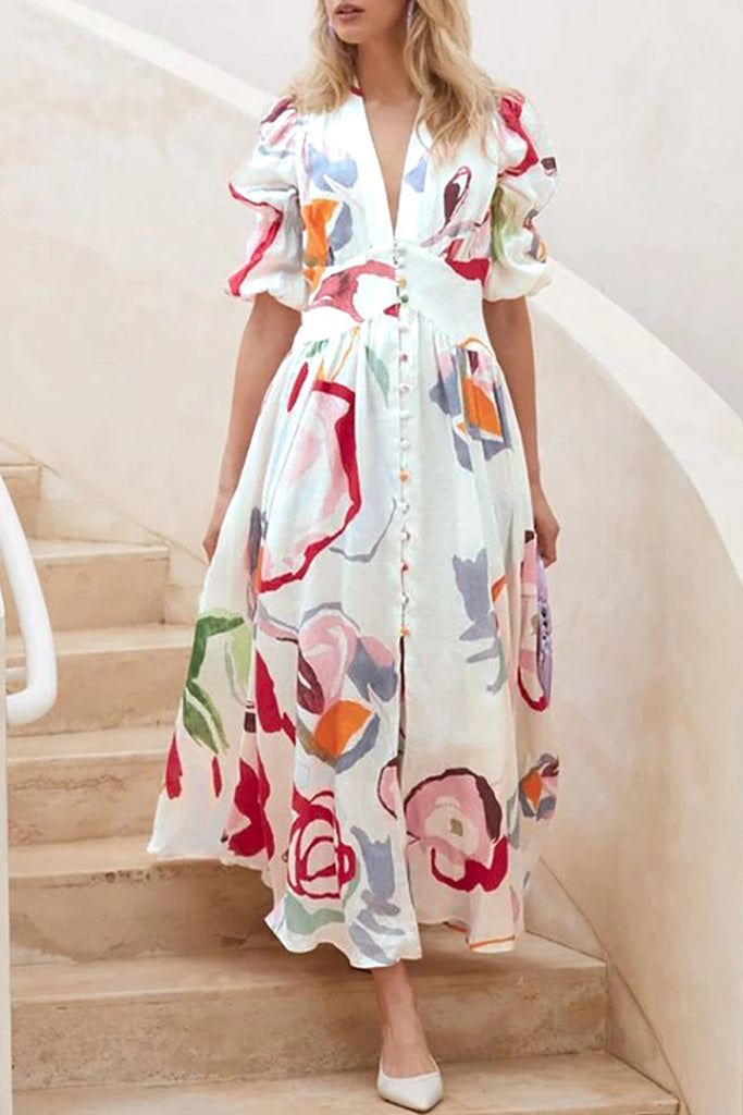 Momentlover Elegant Vacation Not Positioning Printed Buttons V Neck Beach Dress Dresses