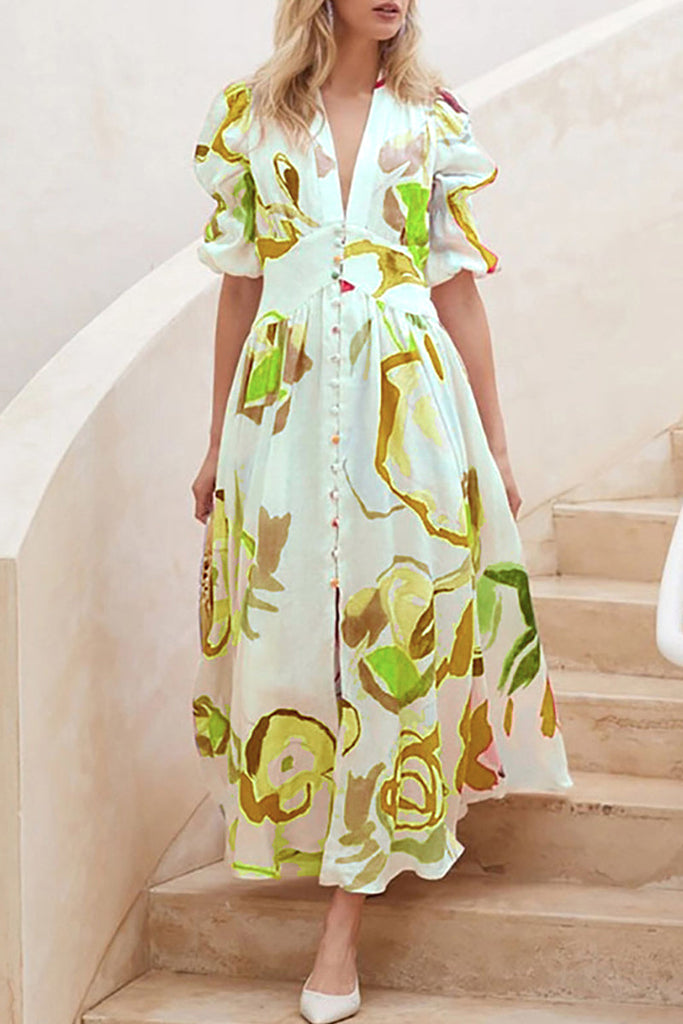 Momentlover Elegant Vacation Not Positioning Printed Buttons V Neck Beach Dress Dresses