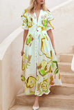 Momentlover Elegant Vacation Not Positioning Printed Buttons V Neck Beach Dress Dresses