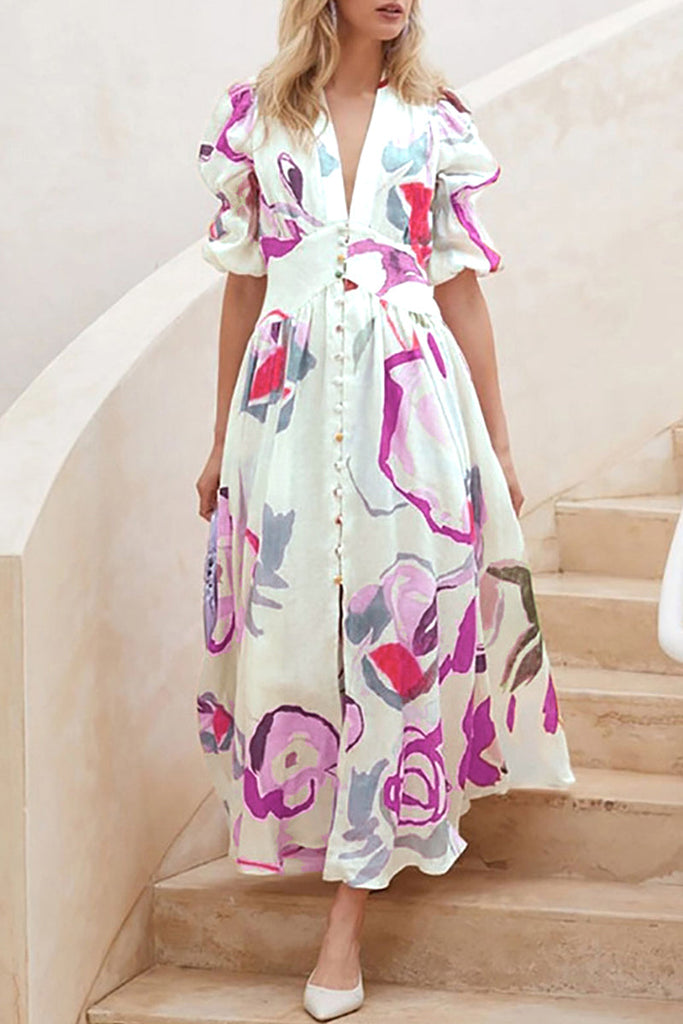 Momentlover Elegant Vacation Not Positioning Printed Buttons V Neck Beach Dress Dresses