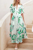 Momentlover Elegant Vacation Not Positioning Printed Buttons V Neck Beach Dress Dresses