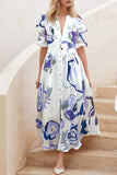 Momentlover Elegant Vacation Not Positioning Printed Buttons V Neck Beach Dress Dresses