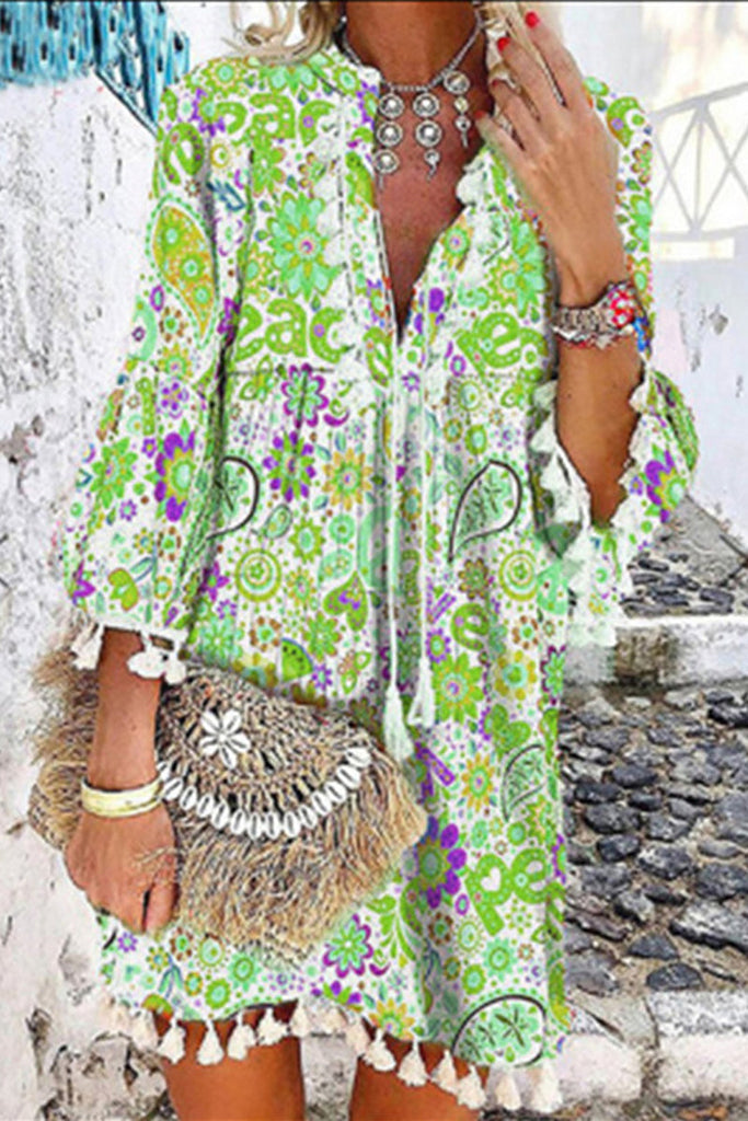 Momentlover Casual Print Tassel V Neck Cake Skirt Dresses(3 Colors)
