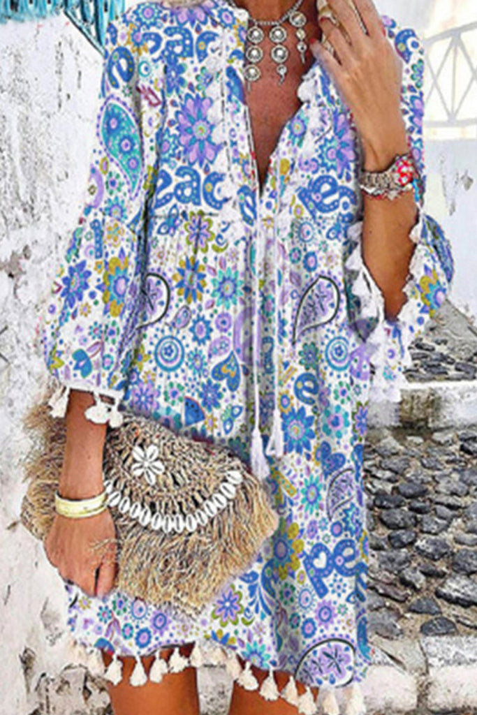 Momentlover Casual Print Tassel V Neck Cake Skirt Dresses(3 Colors)