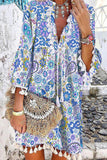 Momentlover Casual Print Tassel V Neck Cake Skirt Dresses(3 Colors)