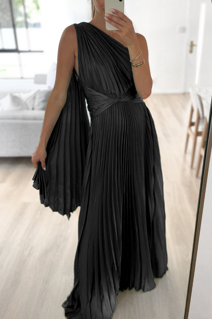 Momentlover Sweet Elegant Solid Fold Oblique Collar A Line Dresses