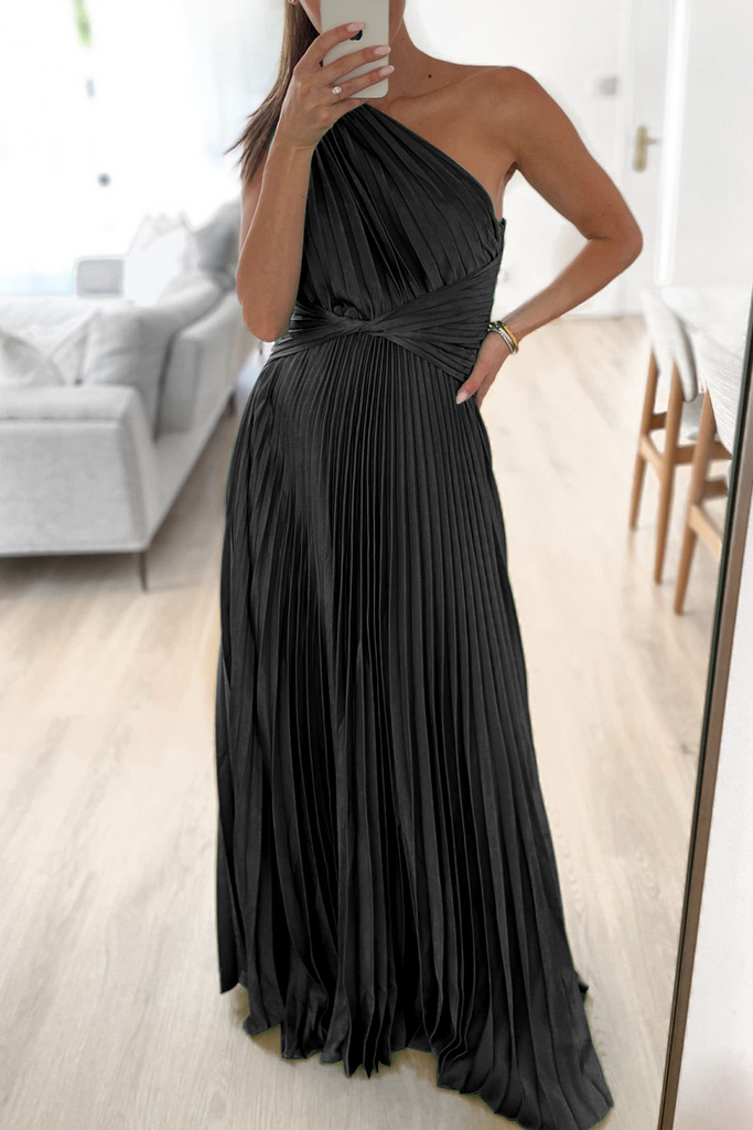 Momentlover Sweet Elegant Solid Fold Oblique Collar A Line Dresses