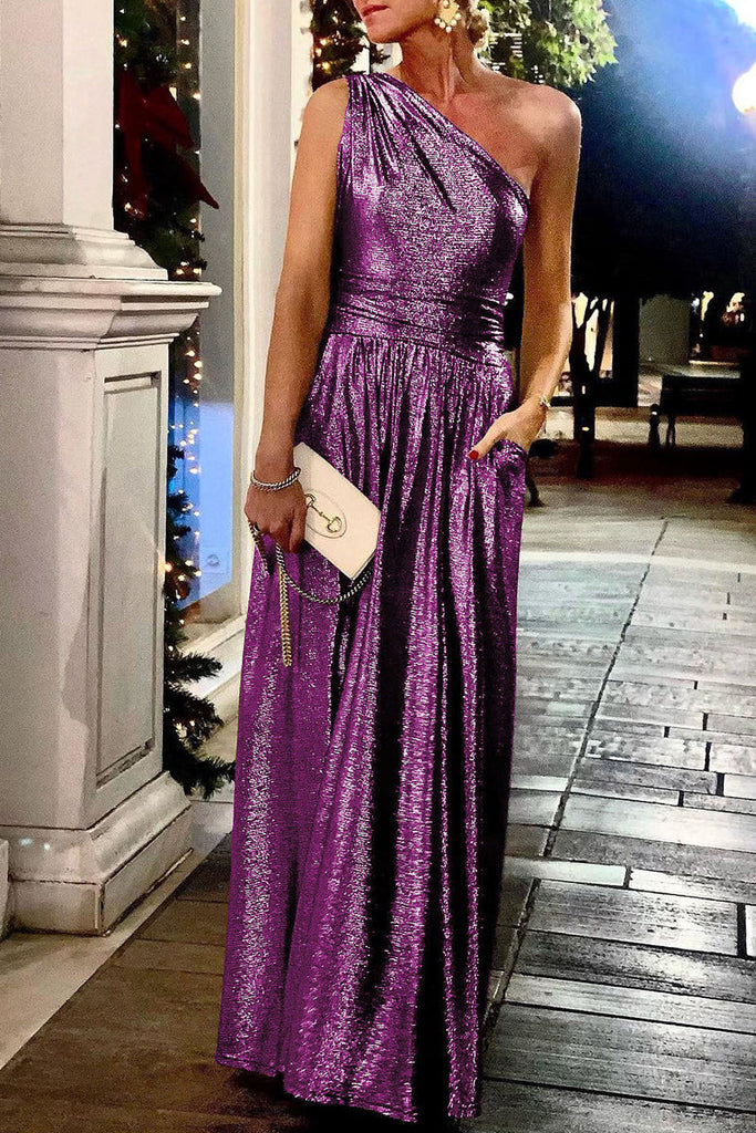 Momentlover Sexy Elegant Solid Bronzing Sequined Oblique Collar Evening Dress Dresses
