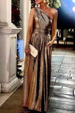 Momentlover Sexy Elegant Solid Bronzing Sequined Oblique Collar Evening Dress Dresses