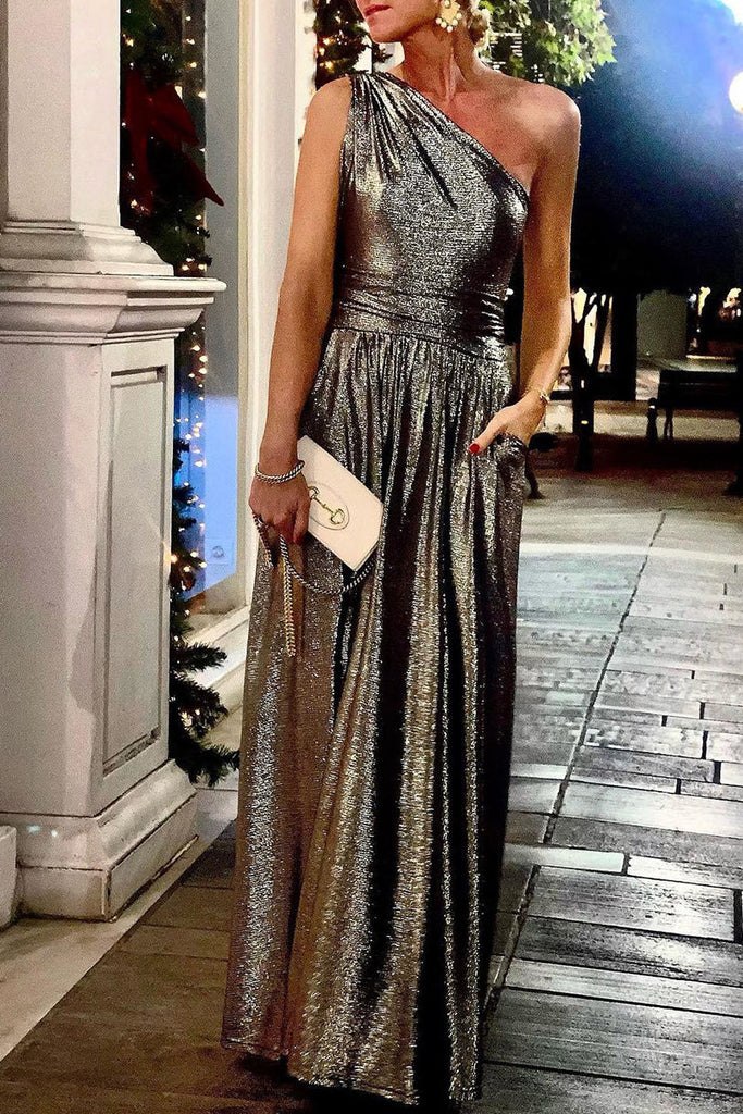 Momentlover Sexy Elegant Solid Bronzing Sequined Oblique Collar Evening Dress Dresses