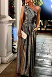 Momentlover Sexy Elegant Solid Bronzing Sequined Oblique Collar Evening Dress Dresses