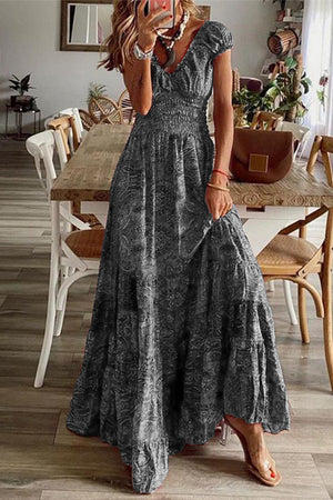 Momentlover Bohemian College Print Fold V Neck A Line Dresses(6 Colors)