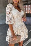 Momentlover Elegant Solid Hollowed Out V Neck Waist Skirt Dresses