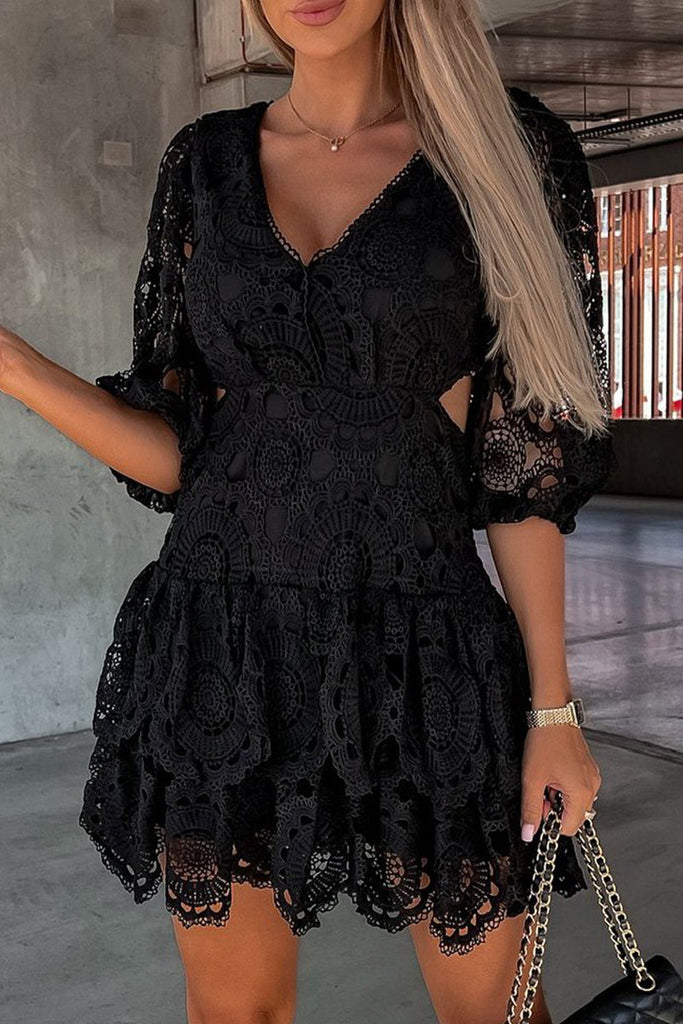 Momentlover Elegant Solid Hollowed Out V Neck Waist Skirt Dresses