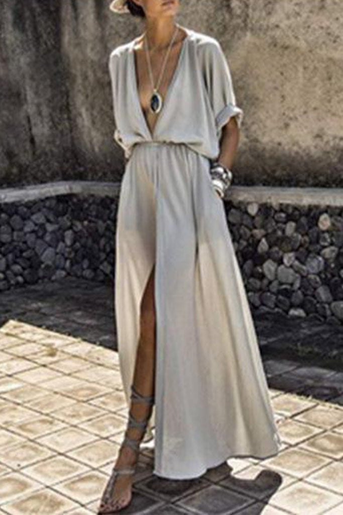 Momentlover Sexy Elegant Solid Slit V Neck A Line Dresses