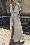Momentlover Sexy Elegant Solid Slit V Neck A Line Dresses