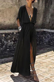 Momentlover Sexy Elegant Solid Slit V Neck A Line Dresses