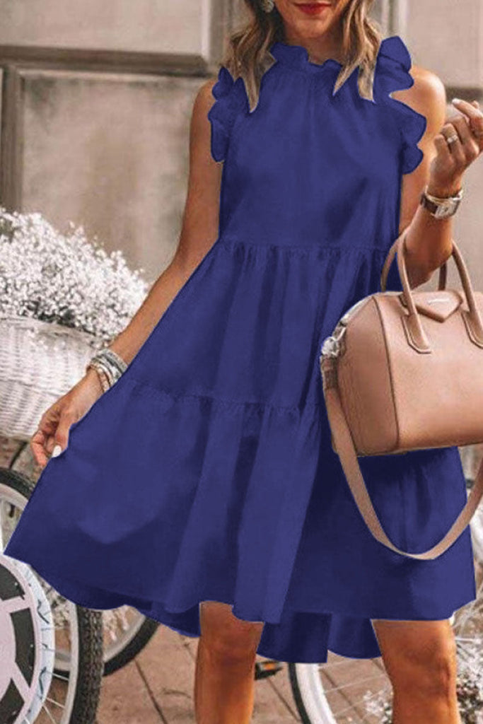 Momentlover Fashion Sweet Solid Patchwork Flounce O Neck A Line Dresses(5 Colors)