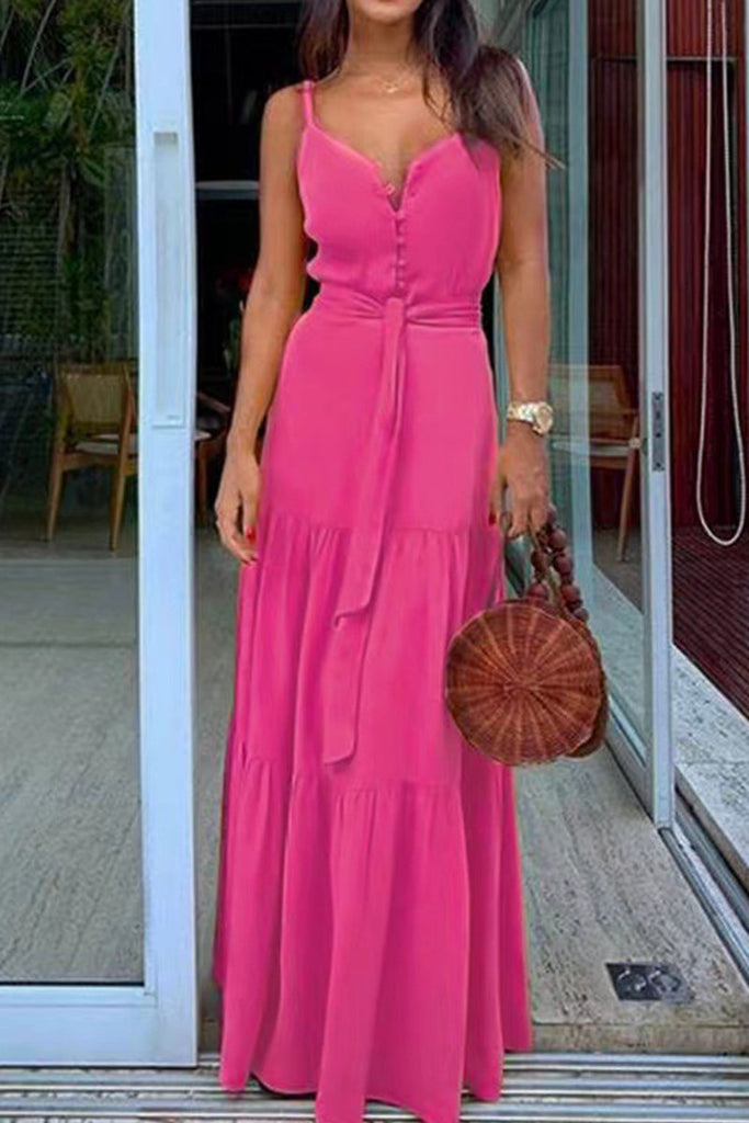 Momentlover Elegant Vacation Solid Buckle V Neck A Line Dresses