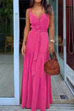 Momentlover Elegant Vacation Solid Buckle V Neck A Line Dresses