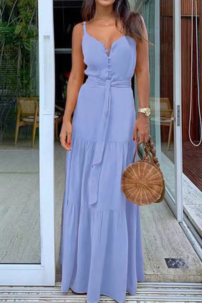 Momentlover Elegant Vacation Solid Buckle V Neck A Line Dresses