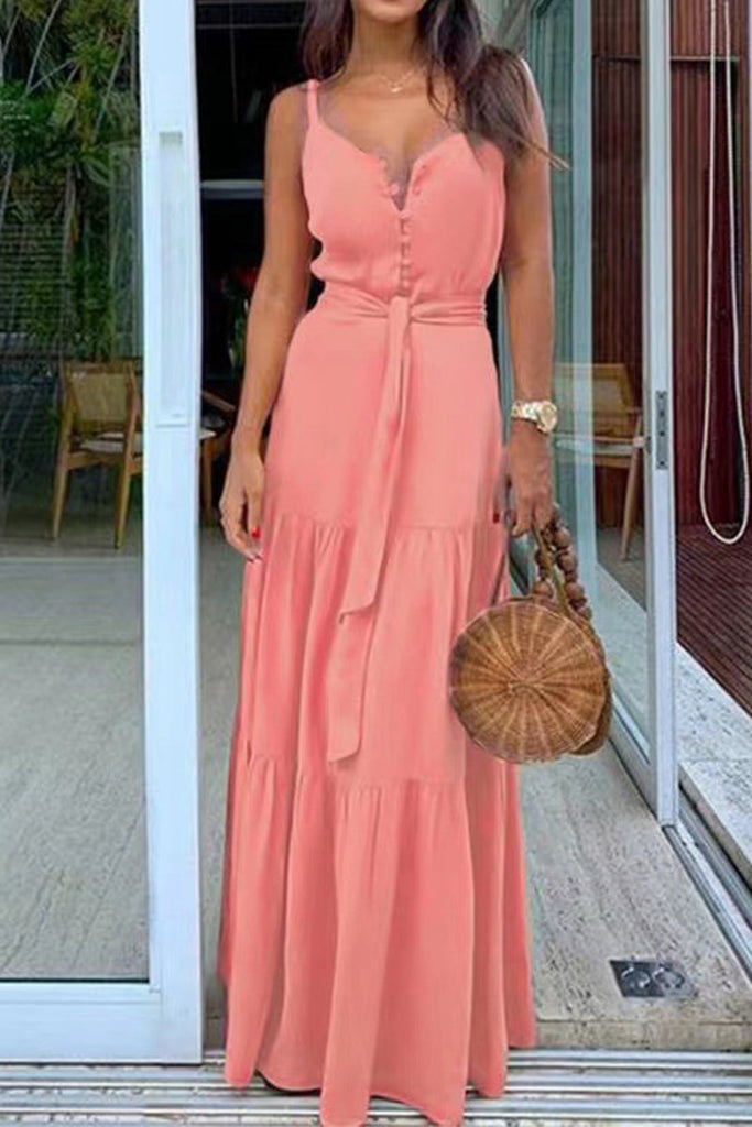 Momentlover Elegant Vacation Solid Buckle V Neck A Line Dresses