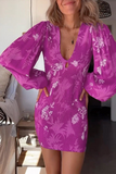 Momentlover Sexy Vacation Print Fold V Neck Wrapped Skirt Dresses