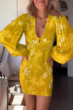 Momentlover Sexy Vacation Print Fold V Neck Wrapped Skirt Dresses