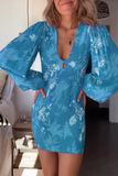 Momentlover Sexy Vacation Print Fold V Neck Wrapped Skirt Dresses