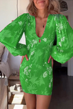 Momentlover Sexy Vacation Print Fold V Neck Wrapped Skirt Dresses