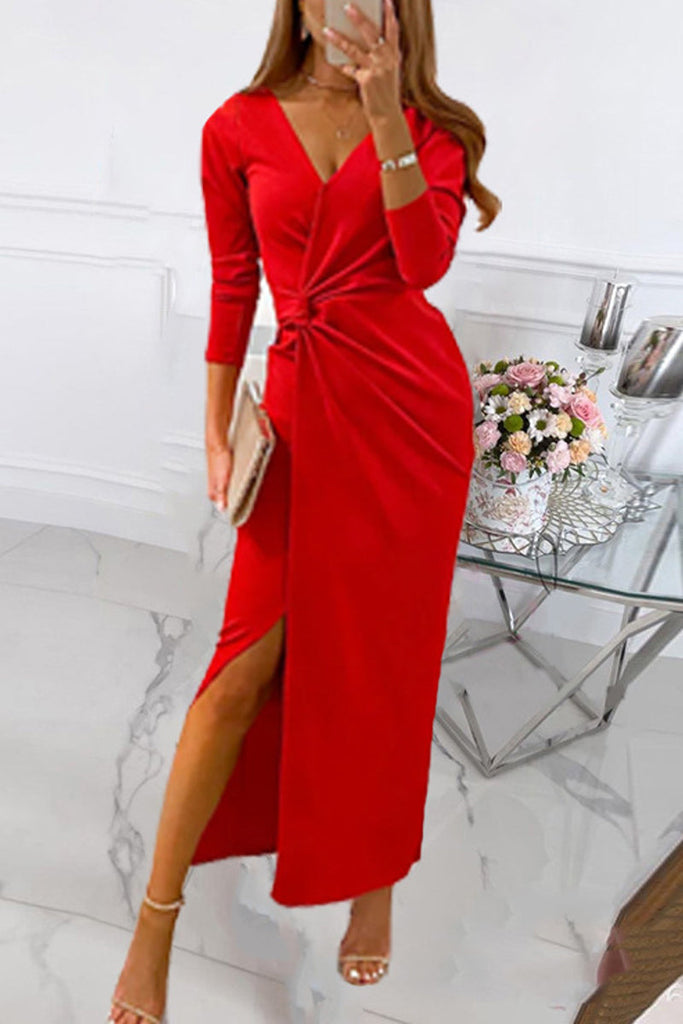 Momentlover Elegant Solid Slit Fold V Neck Evening Dress Dresses(4 Colors)