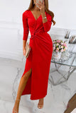 Momentlover Elegant Solid Slit Fold V Neck Evening Dress Dresses(4 Colors)