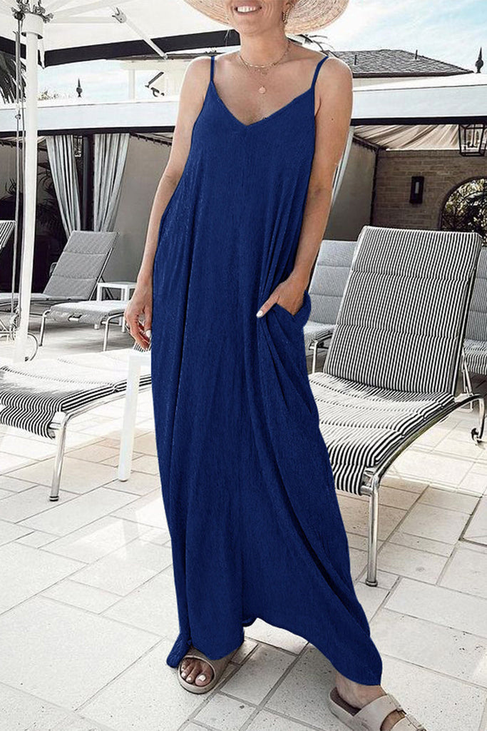 Momentlover Street Daily Solid Pocket Solid Color V Neck Sling Dress Dresses