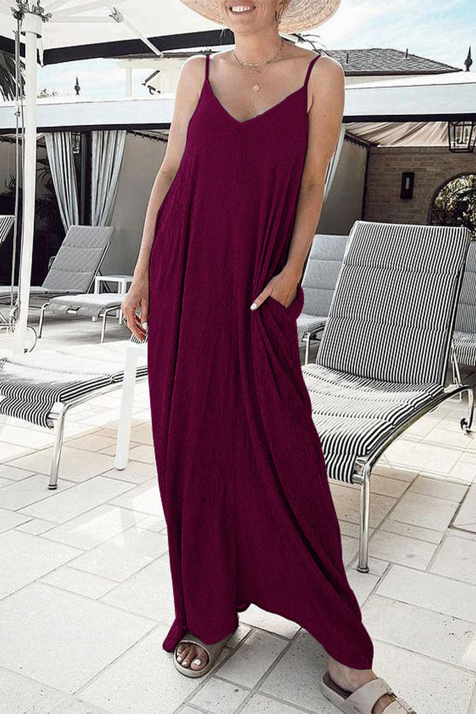 Momentlover Street Daily Solid Pocket Solid Color V Neck Sling Dress Dresses