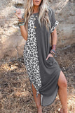 Momentlover Casual Vintage Leopard Pocket Asymmetrical O Neck A Line Dresses