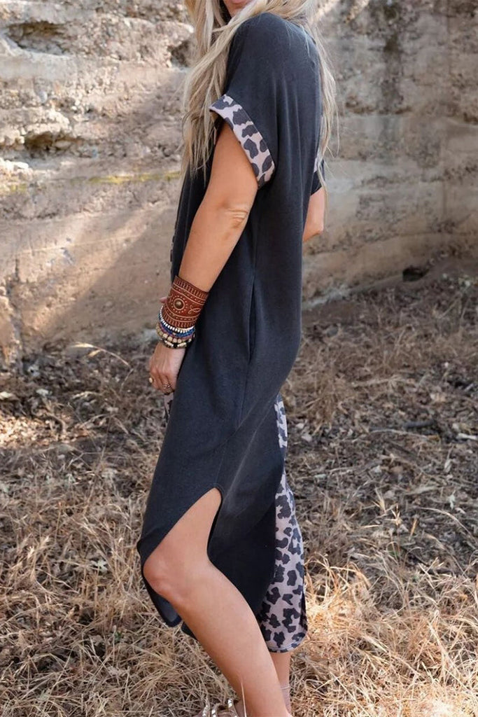 Momentlover Casual Vintage Leopard Pocket Asymmetrical O Neck A Line Dresses
