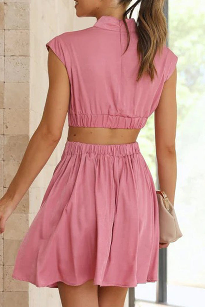 Momentlover Sweet Elegant Solid Ripped Mandarin Collar Waist Skirt Dresses