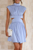 Momentlover Sweet Elegant Solid Ripped Mandarin Collar Waist Skirt Dresses