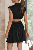 Momentlover Sweet Elegant Solid Ripped Mandarin Collar Waist Skirt Dresses