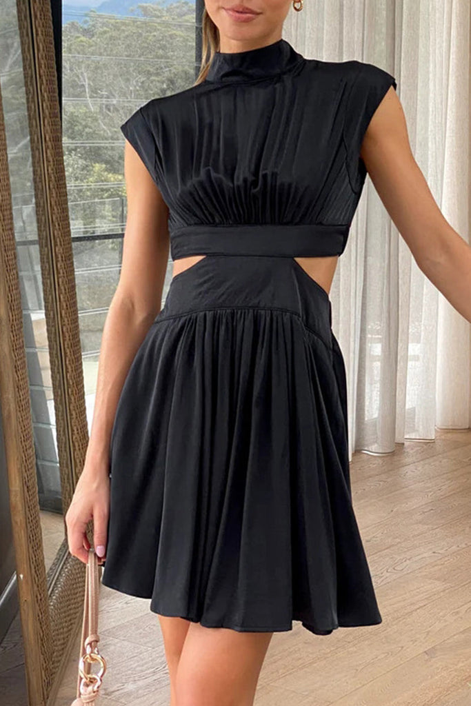 Momentlover Sweet Elegant Solid Ripped Mandarin Collar Waist Skirt Dresses